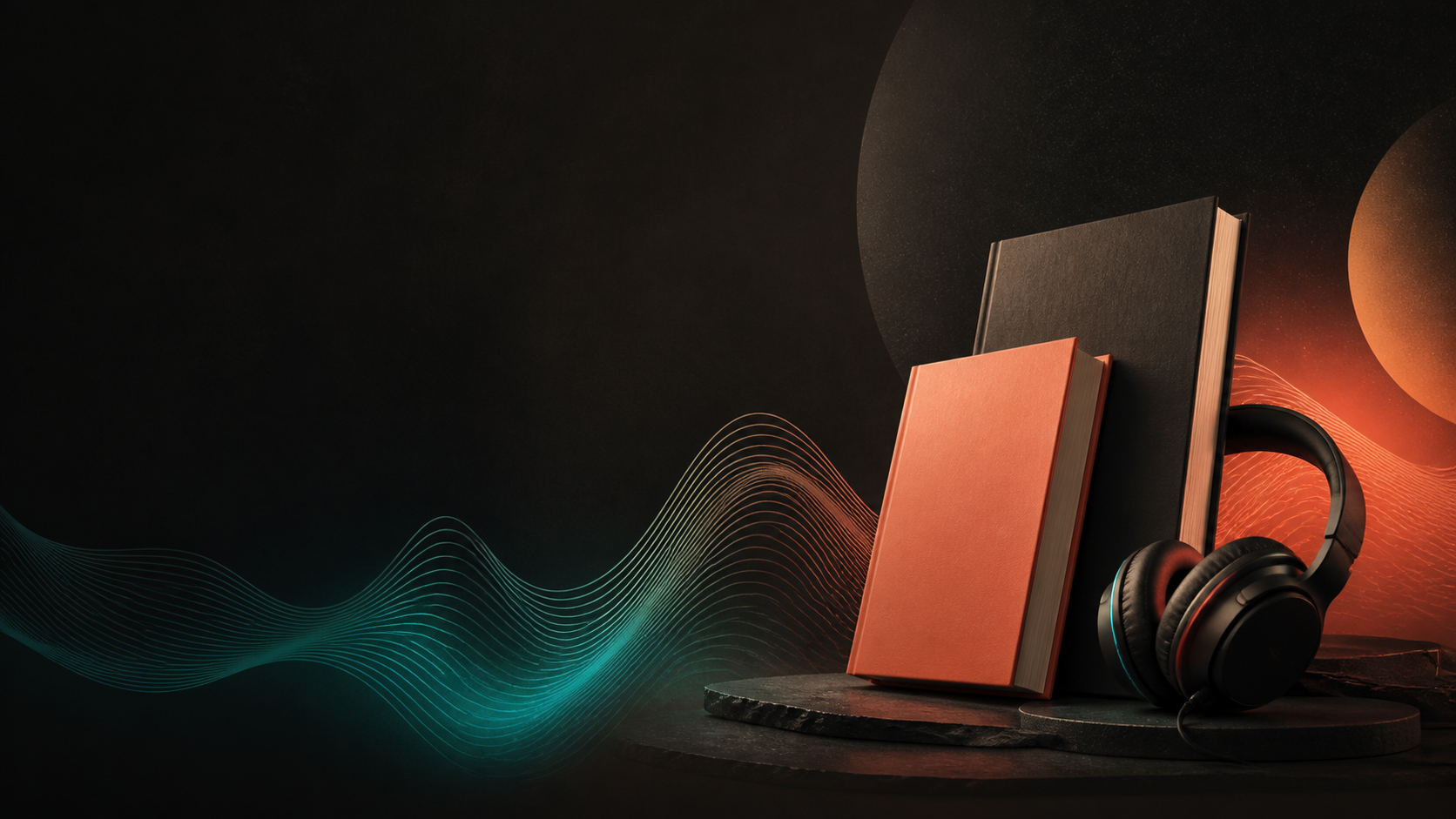 Abstract illustration of audiobooks, headphones, and sound waves